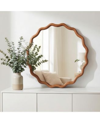 24" Round Wavy Wood Frame Accent Mirror for Entryway and Bathroom
