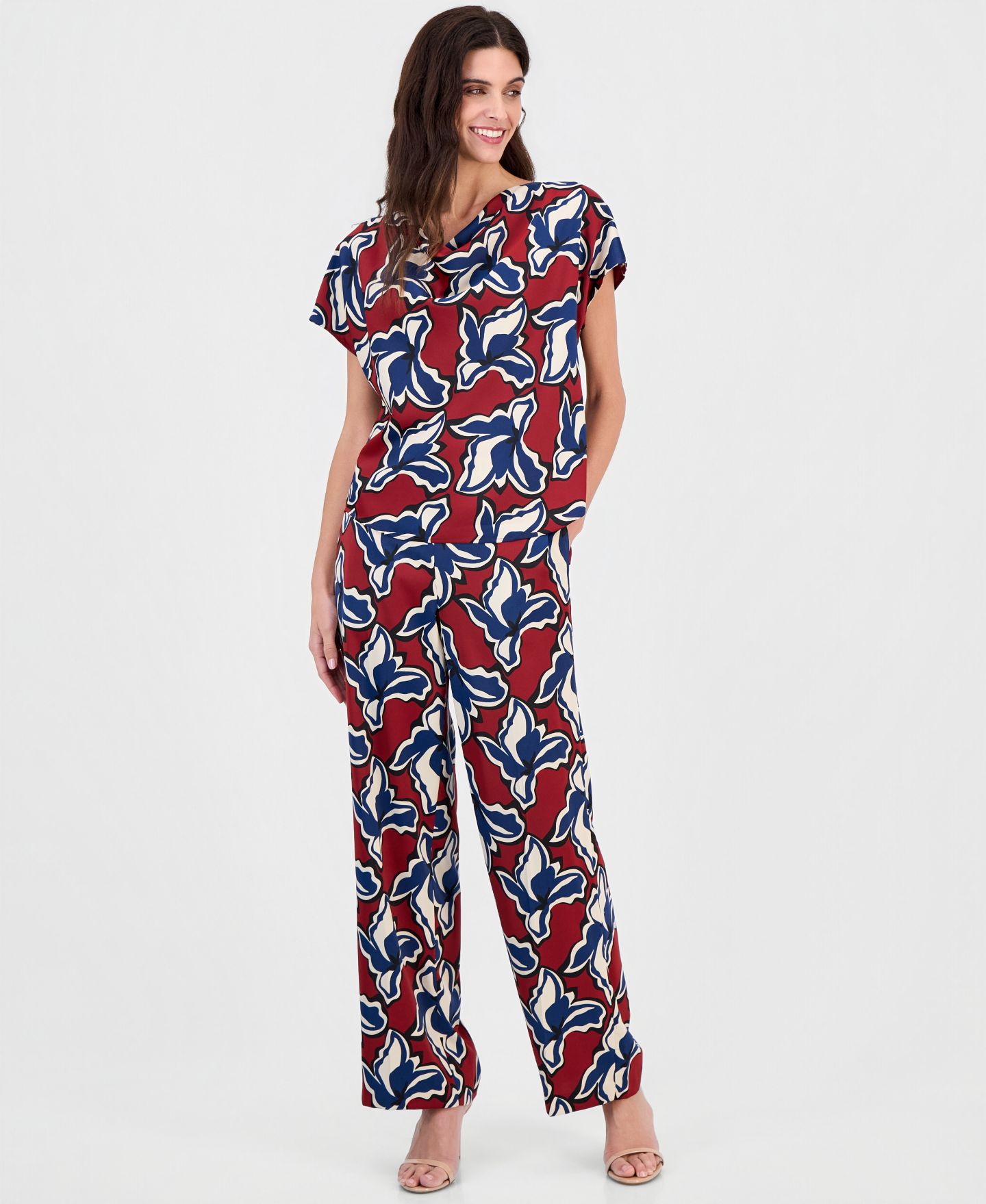 Женские брюки Anne Klein Printed Cowl-Neck Short-Sleeve Top & Printed Pull-On Wide-Leg, цвет: Ржавый разноцветный — фото 2