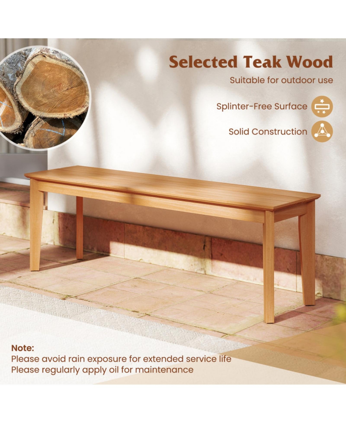 Gouun Outdoor Teak Wood Garden Bench, 55 in Wide with 880 lb Weight Capacity, Seats 3
