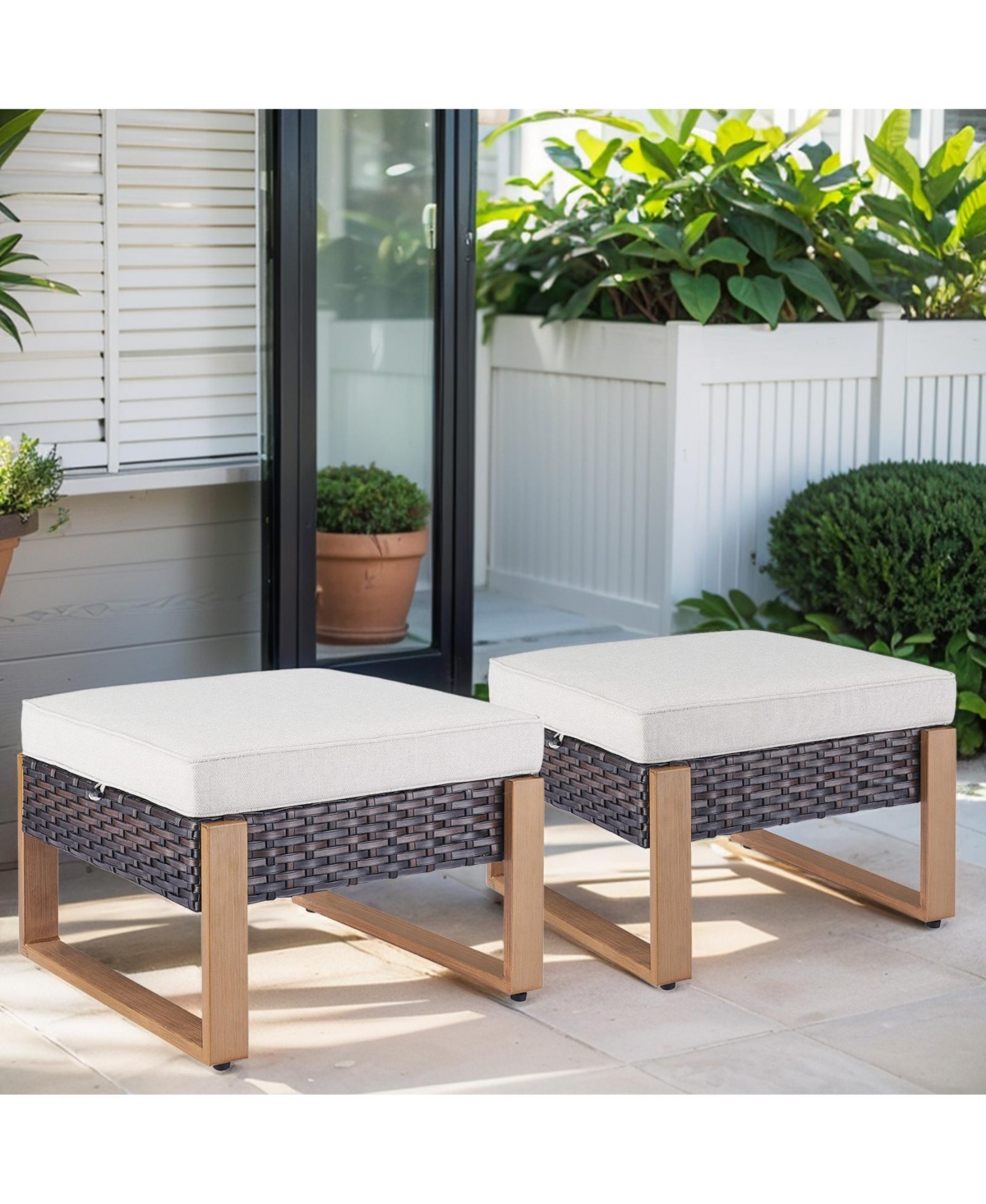 Pocassy Patio Wicker Ottomans Set of 2, Outdoor for Patio, Additional Seating, Footrest, Side Table, Removable Cushions