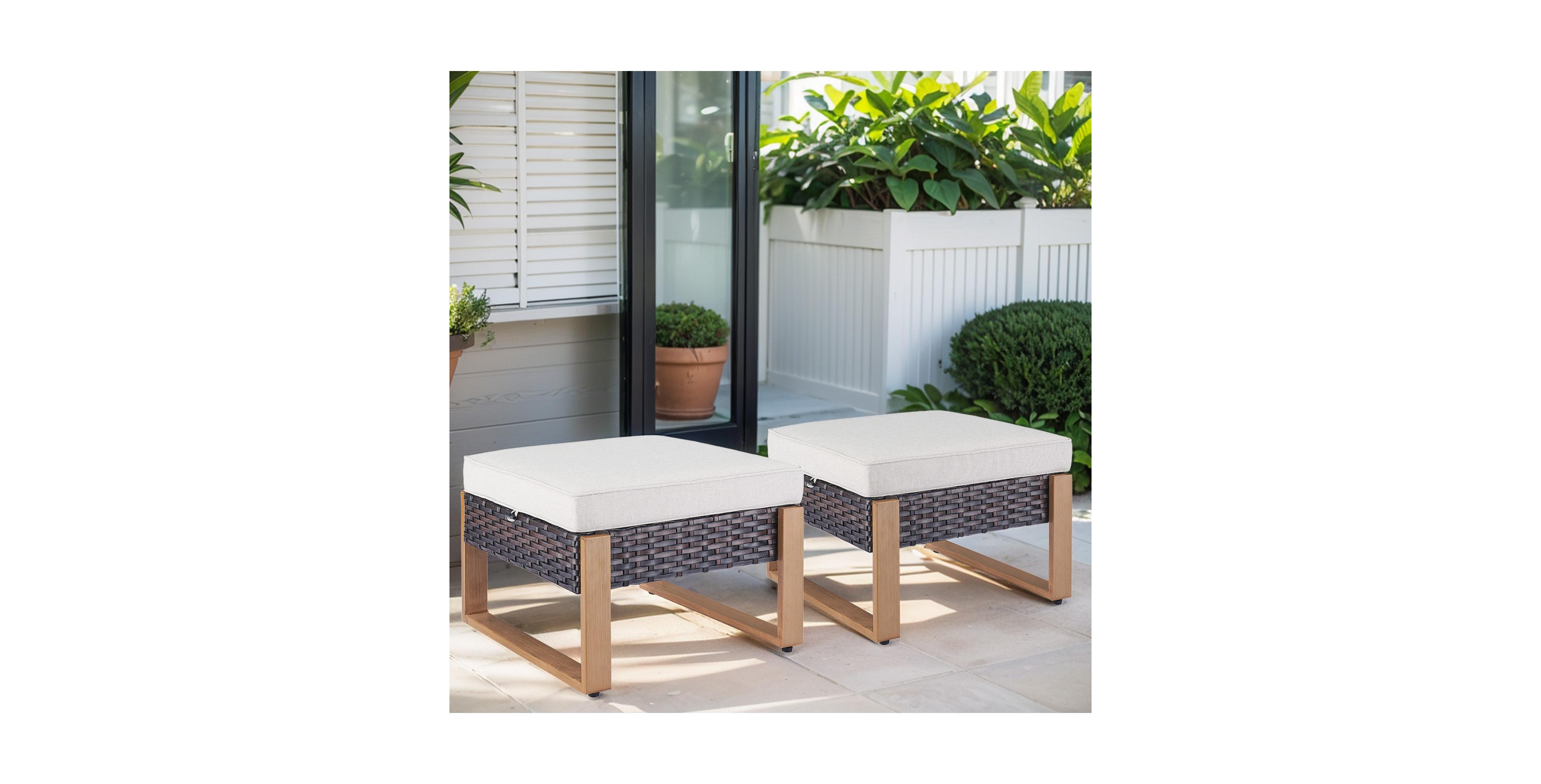 Pocassy Patio Wicker Ottomans Set of 2, Outdoor for Patio, Additional Seating, Footrest, Side Table, Removable Cushions