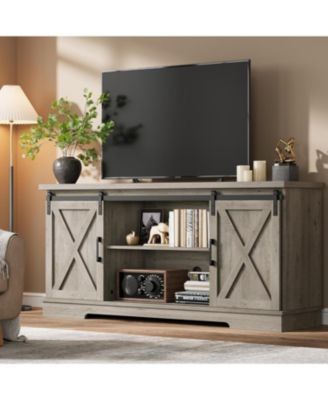 Farmhouse TV Stand for  TVs with Storage and Sliding Barn Doors, Adjustable Shelf Entertainment Console