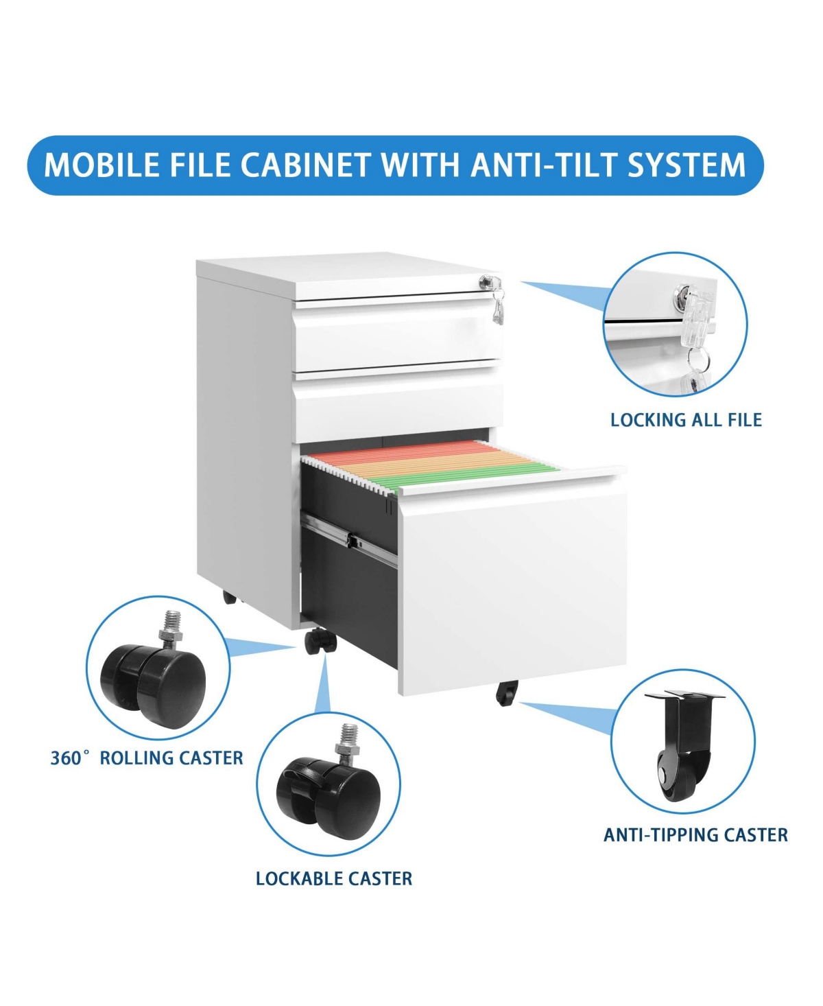 Boyel Living 3 Drawer Mobile File Cabinet with Lock, Metal Filing Cabinets for Home Office Organizer Letters/Legal/A4, Fully Assembled, White