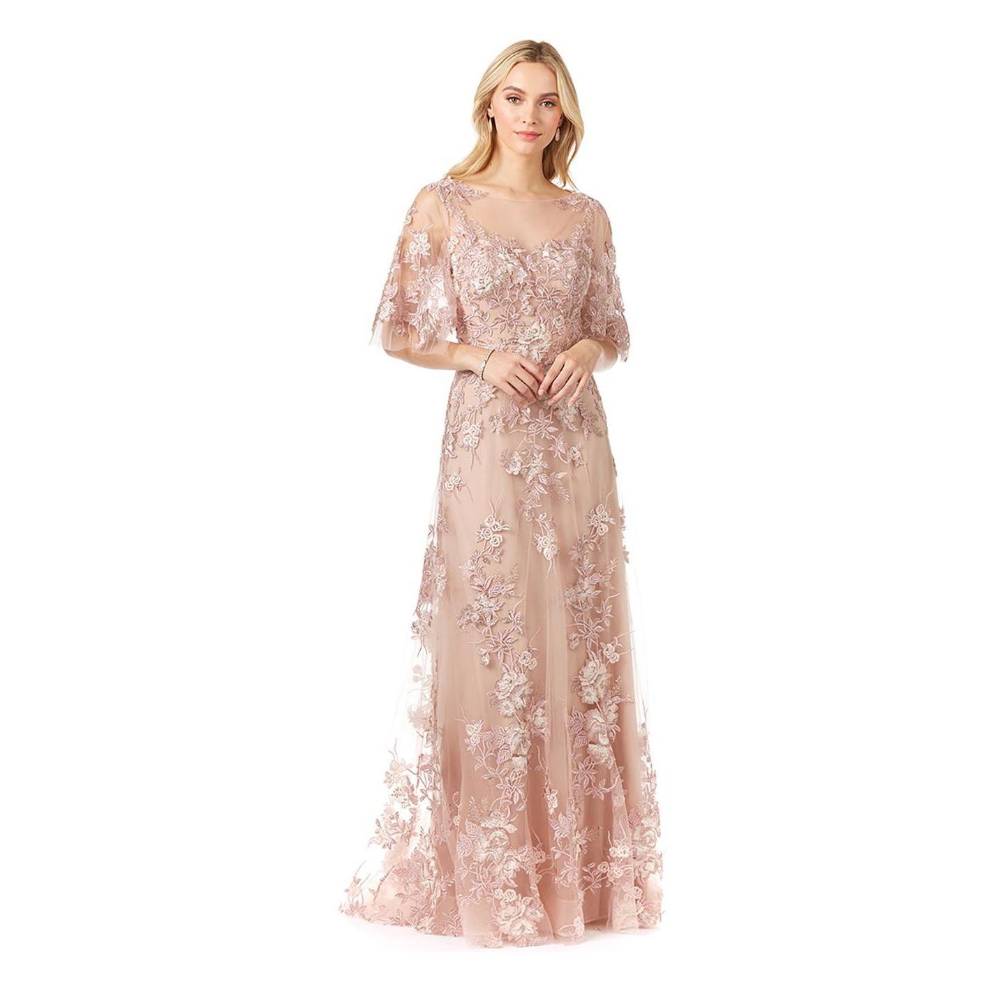 Женские платья Lara Long Bell Sleeve V-Neck Beaded Gown, цвет: Пудровый — фото 1