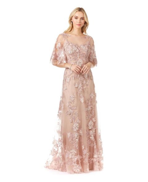 Женские платья Lara Long Bell Sleeve V-Neck Beaded Gown, цвет: Пудровый