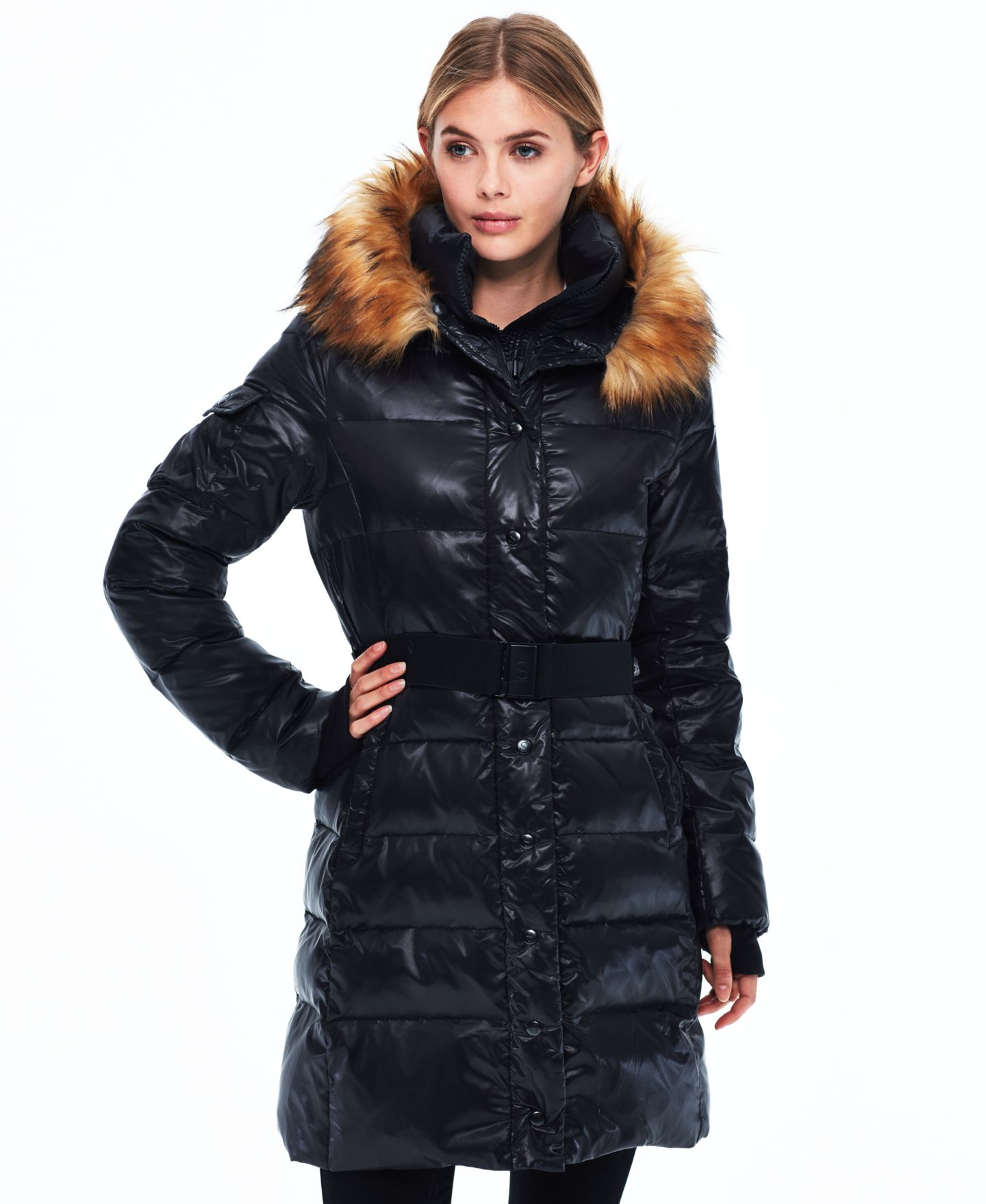 Женская куртка S13 Faux-Fur Hooded Belted Shine Puffer, цвет: Угольный / Натуральный — фото 3