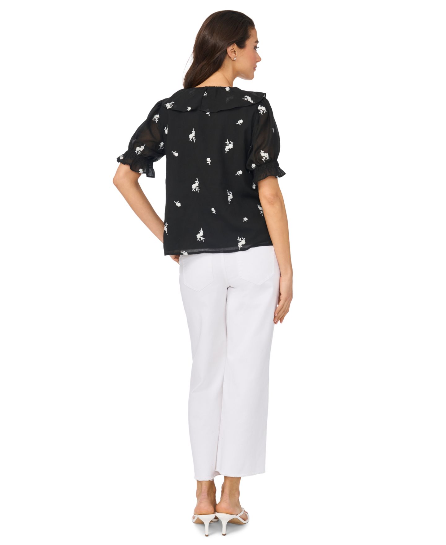 Женский топ CeCe Embroidered Ruffled Short-Sleeve Top, цвет: Насыщенный чёрный — фото 5