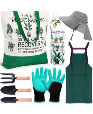 Gardening Gifts Set 9Pieces Hat Tote Tumbler Apron Gloves Key Chain Tools