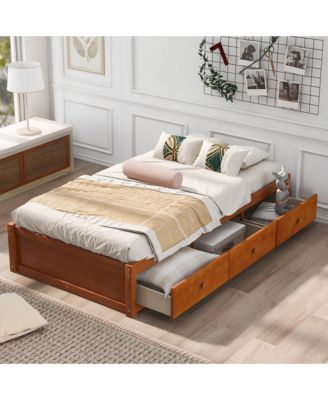 Twin Size Platform Bed with 3 Drawers, Solid Pinewood Storage Bed Frame, Wood Finish, for Kids and Teens