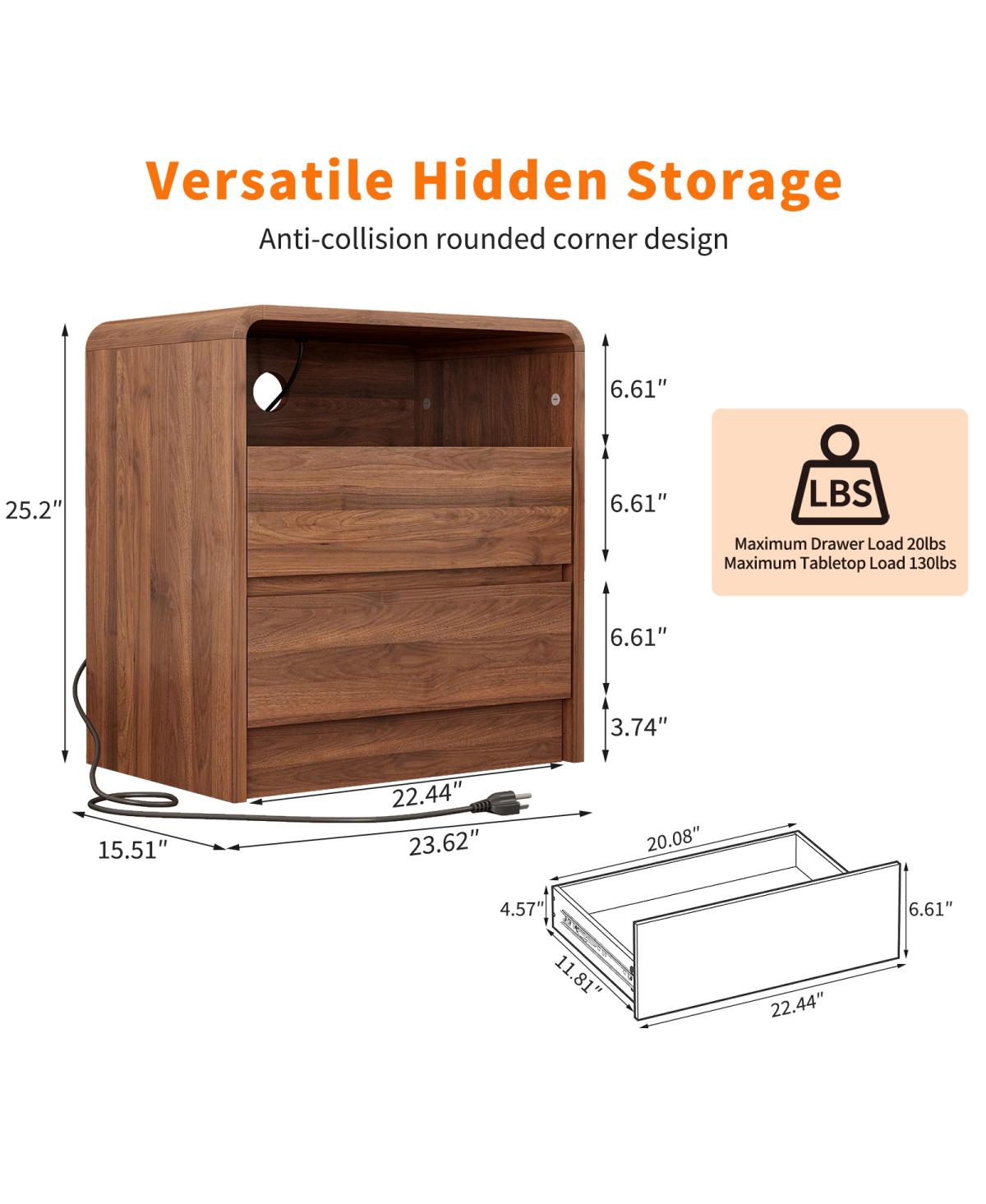 Streamdale Furniture 25'' Modern Nightstand with Charging Station and 2 Drawers