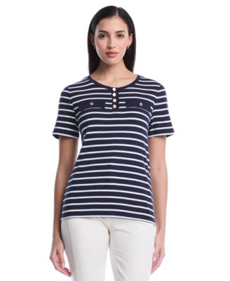 Petite Striped Welt Pocket Short-Sleeve Top