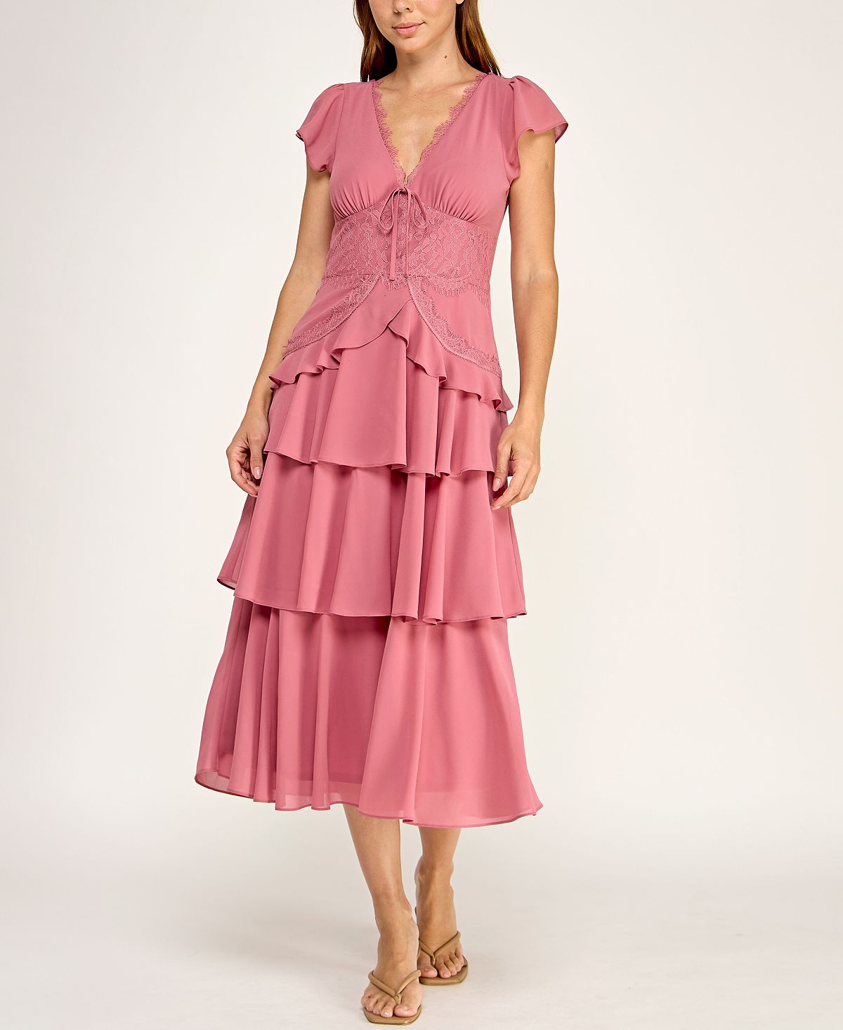 ROW A Juniors' Lace Trim Tiered Midi Dress view 2 — MAYCSS fashion products