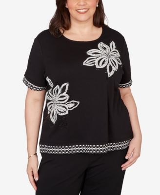 Plus Size Crowd Pleaser Flower Sequin Lace Border Top