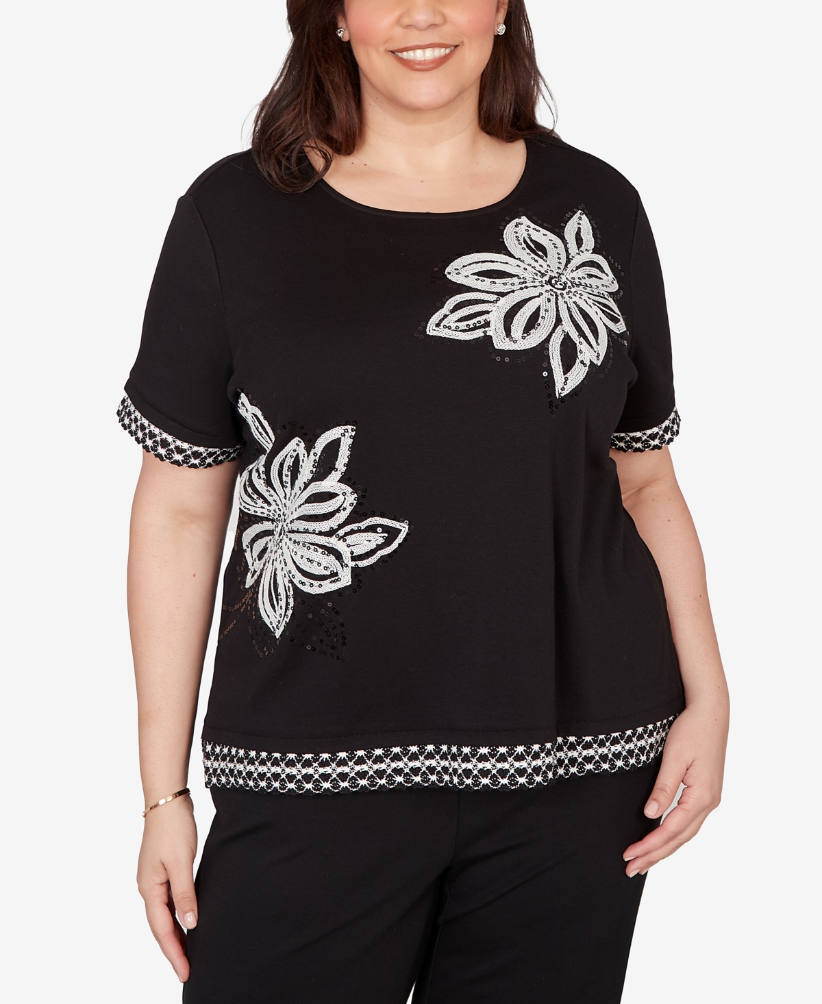 Alfred Dunner Plus Crowd Pleaser Flower Sequin Lace Border Top