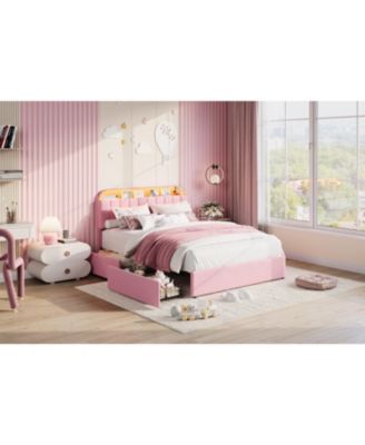 Bed Frame with 2 Flexible Drawers, Velvet Upholstered Platform Bed Frame with Bookcase Headboard and LED Lights, Easy Assembly, Noise Free