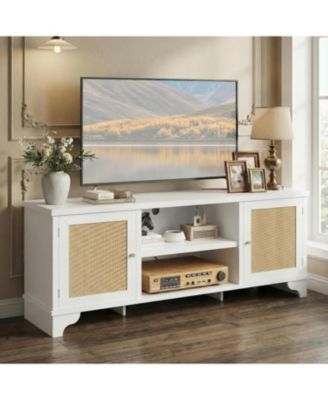 Rattan TV Stand for TVs Up to 65 Inches, Boho Entertainment Center Cabinet with Open Shelf, Media Console Table for Living Room