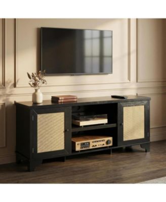 Rattan TV Stand for TVs Up to 65 Inches, Boho Entertainment Center Cabinet with Open Shelf, Media Console Table for Living Room