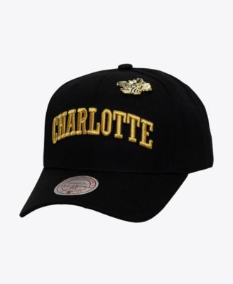 Men's Black Charlotte Hornets Hardwood Classics Pinned Gold Pro Crown Snapback Hat