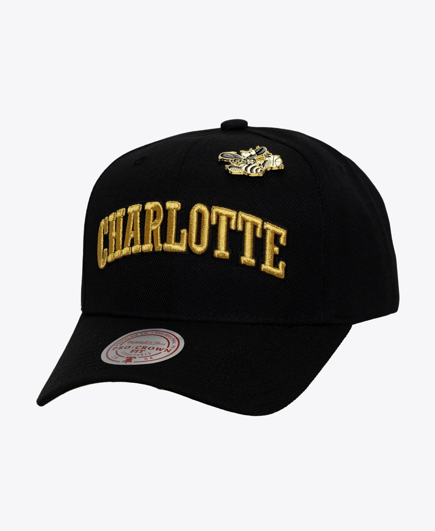 Мужская кепка Mitchell & Ness Black Charlotte Hornets Hardwood Classics Pinned Gold Pro Crown Snapback Hat — фото 1