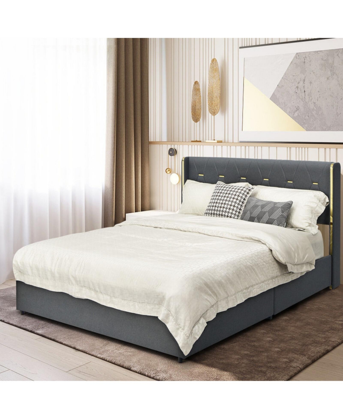 Gouun Full Upholstered Platform Bed Frame with 4 Rolling Storage Drawers
