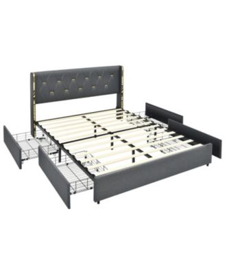 Full Upholstered Platform Bed Frame with 4 Rolling Storage Drawers