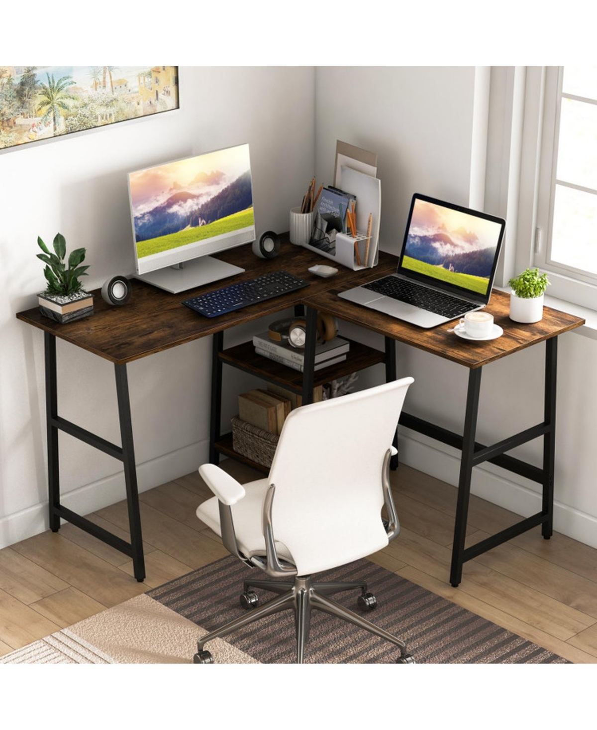 Gouun L-Shaped Corner Computer Desk Storage Shelves Steel Frame Footrest