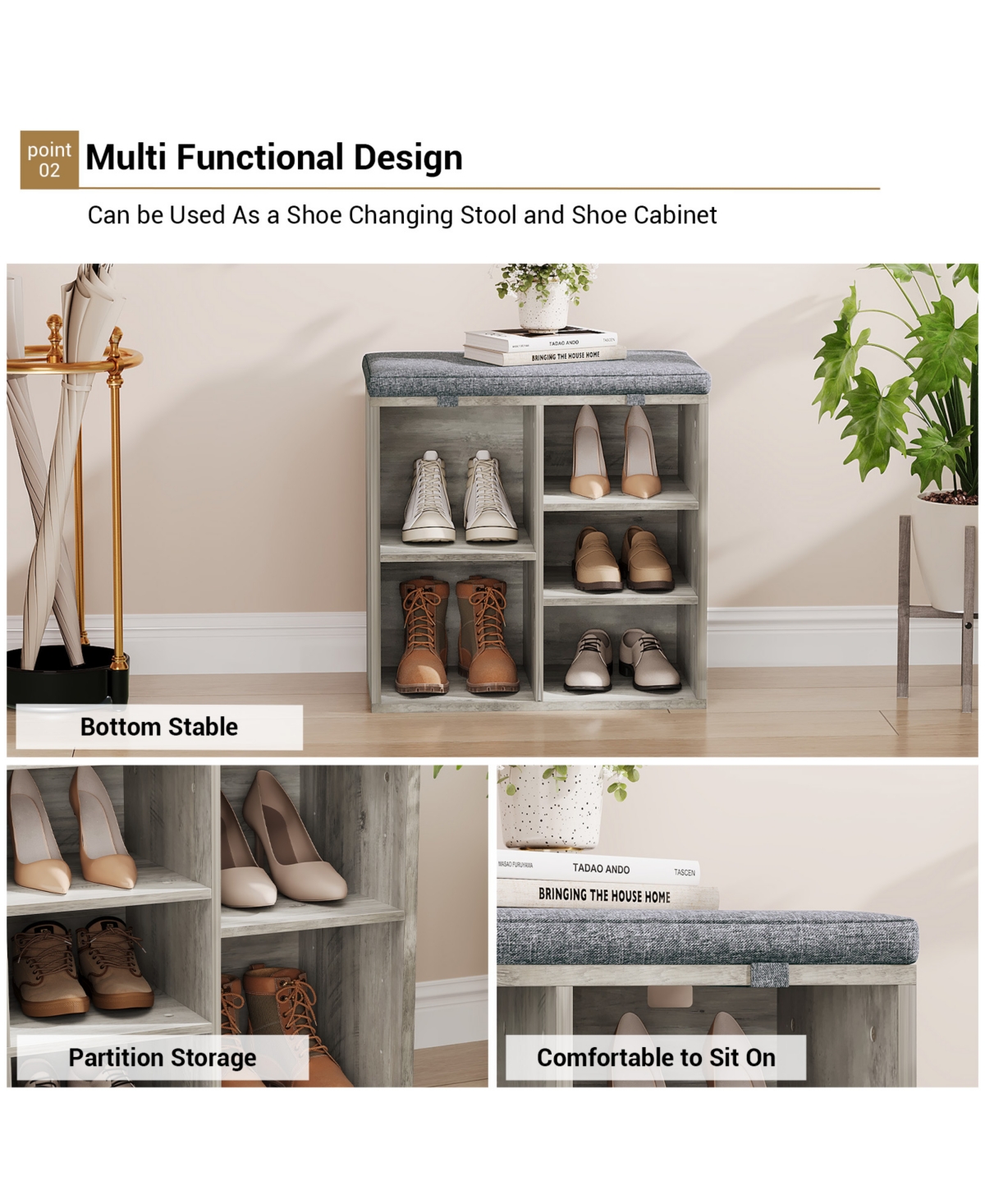 homfan Shoe Storage Bench, Upholstered 10 Cubbies Organizer with Cushion and Adjustable Shelves for Entryway
