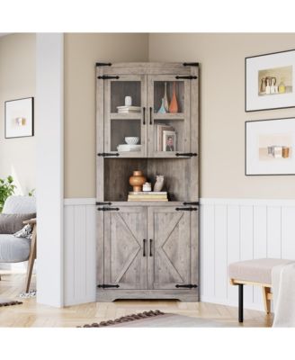 67 Inch Space-Saving Farmhouse Corner Cabinet - 4 Doors, Adjustable Shelves, Glass Door - Entryway Storage Furniture for Living Room, Kitchen
