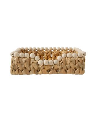 Woven Decorative Napkin Holder Tray - Water Hyacinth Square Basket with Wood-Bead Trim for Napkins
