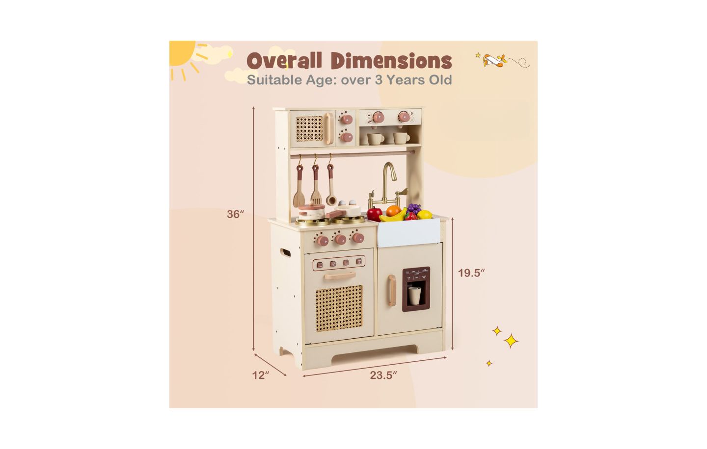 Детские игрушки Slickblue Kids' Wooden Play Kitchen with Realistic Lights and Sounds, 16-Piece Set, от 3 лет, цвет: Жёлтый — фото 3
