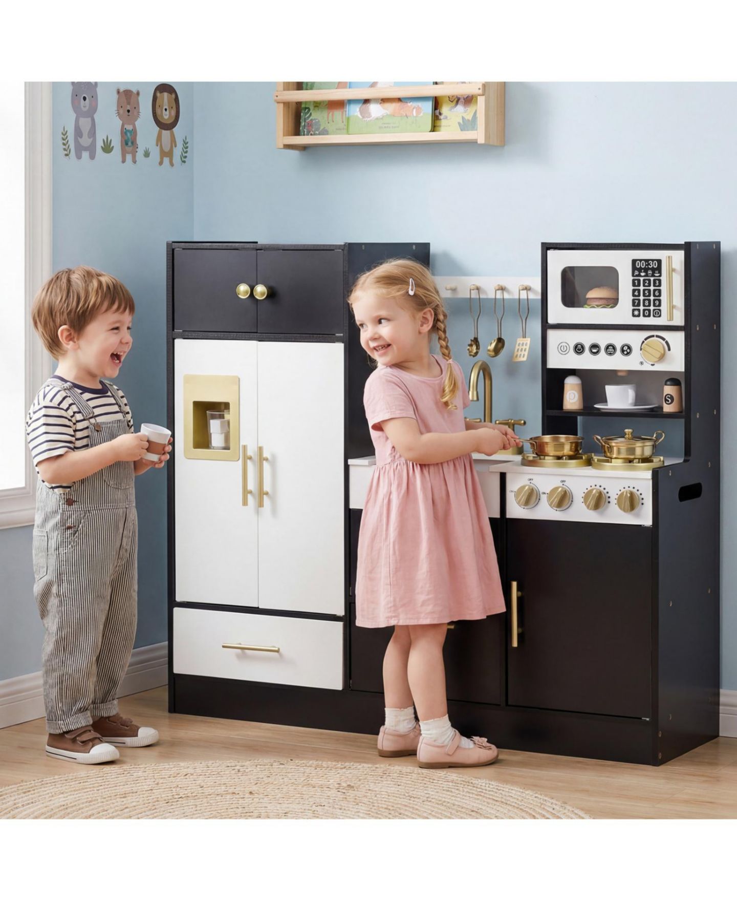 Детские игрушки Slickblue Wooden Lights and Sound Effects 12-Piece Play Kitchen, Ages 3+, цвет: Чёрный — фото 5