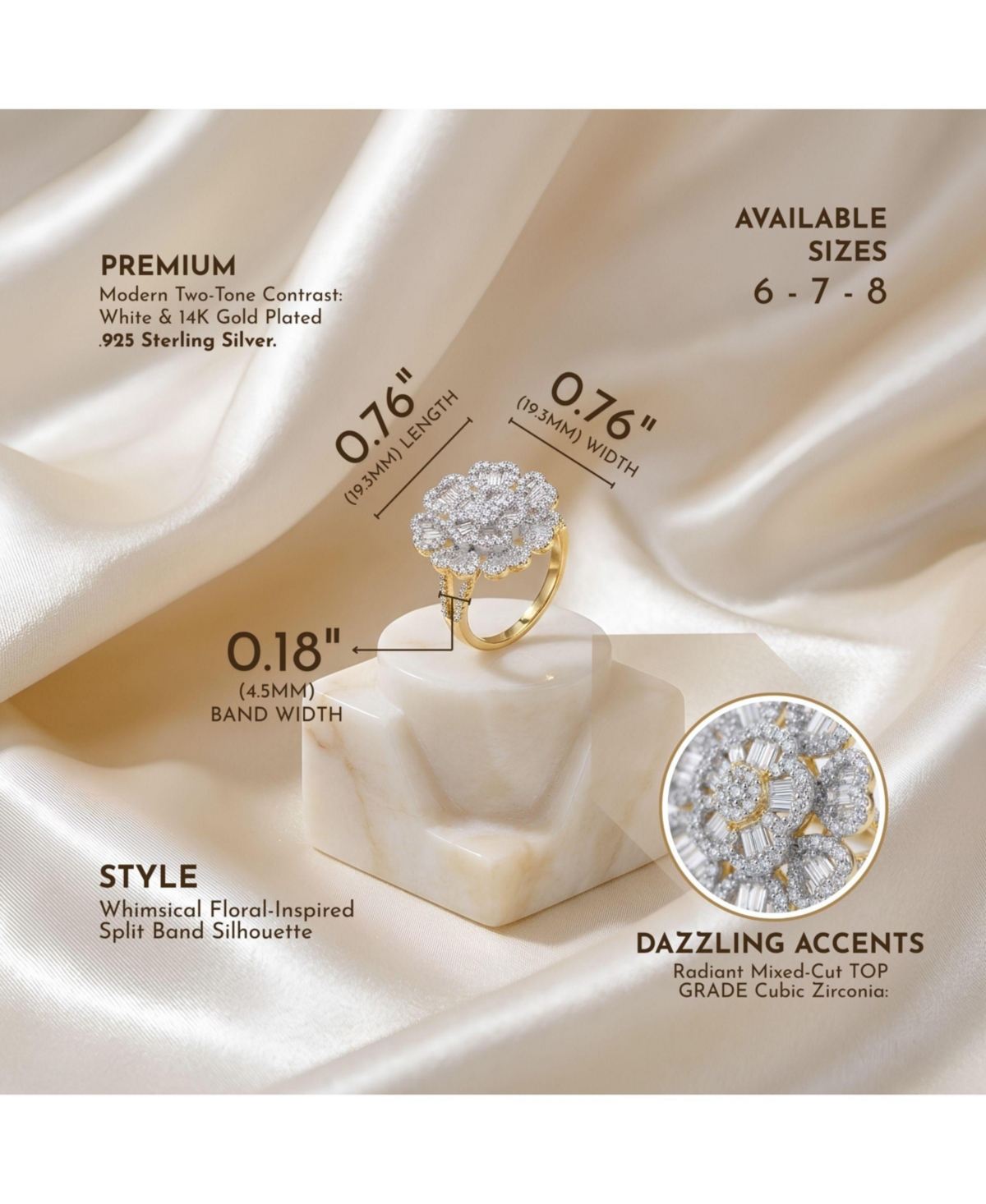 Sterling Silver 14k Gold Plated Cubic Zirconia Cluster Heart Petal Flower Ring