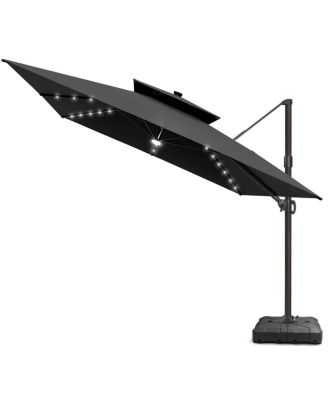 Outdoor Patio 11x11Feet Aluminum Double Canopy Solar Lights Cantilever Umbrella with Wheel Base