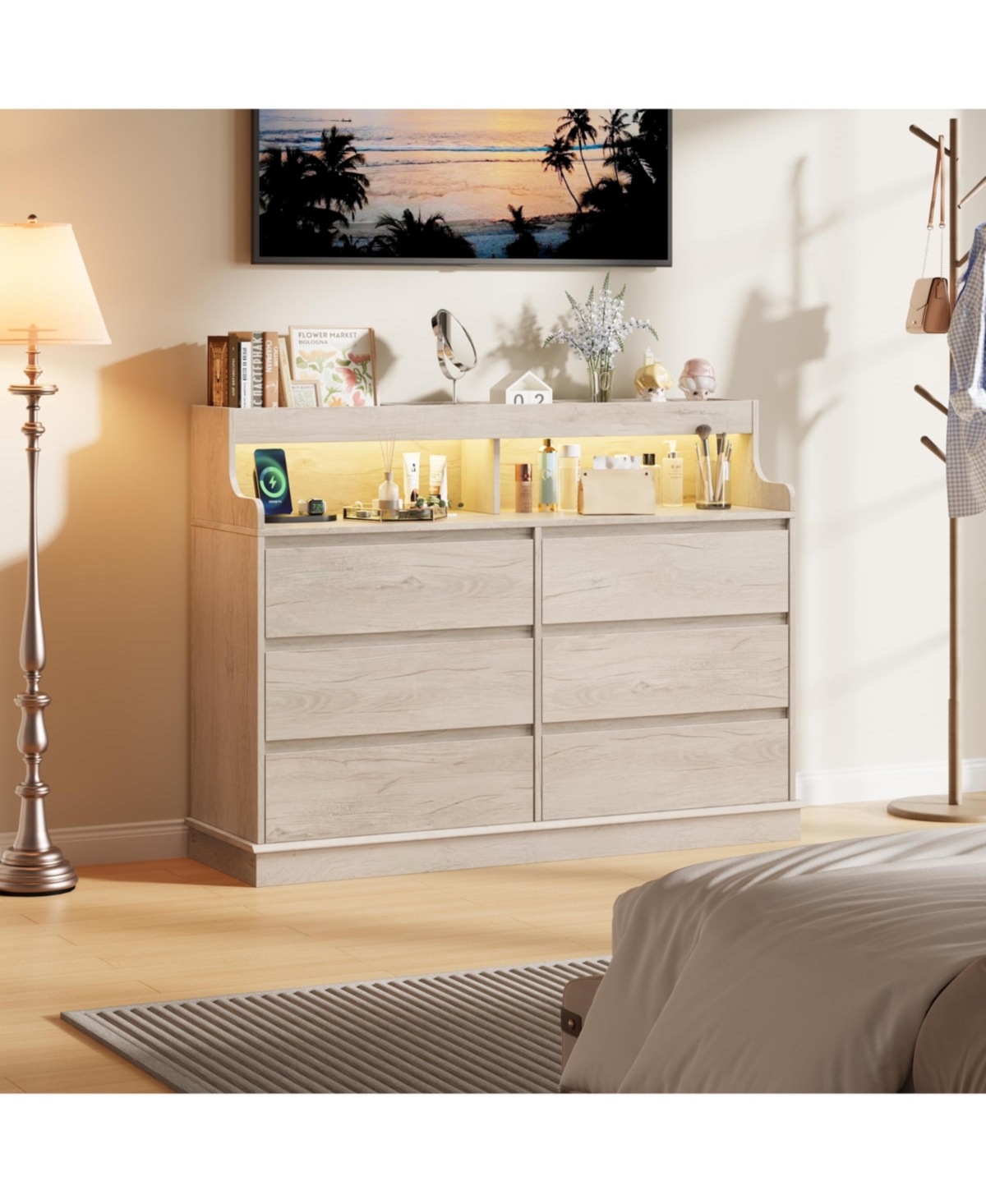 gaomon Dresser for Bedroom with 6 Drawers, Modern Chest Featuring Led Lights and Charging Station