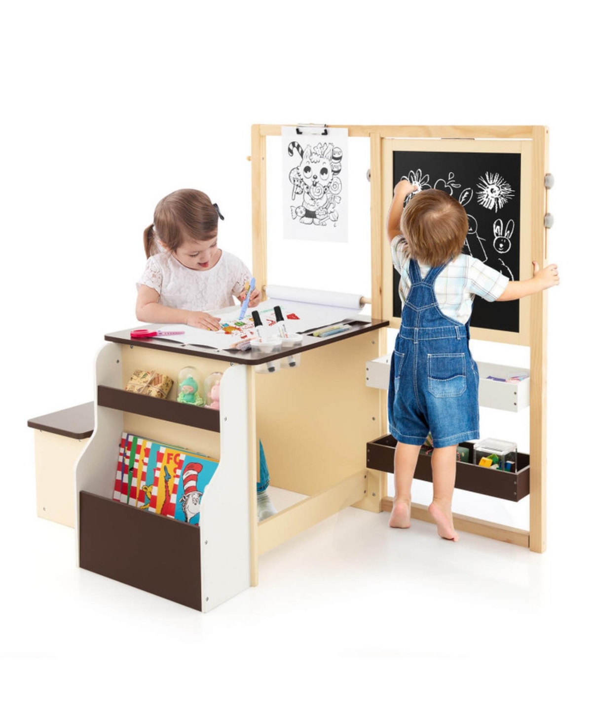Gouun Kids Art Center with Double-Sided Easel and Storage Bench