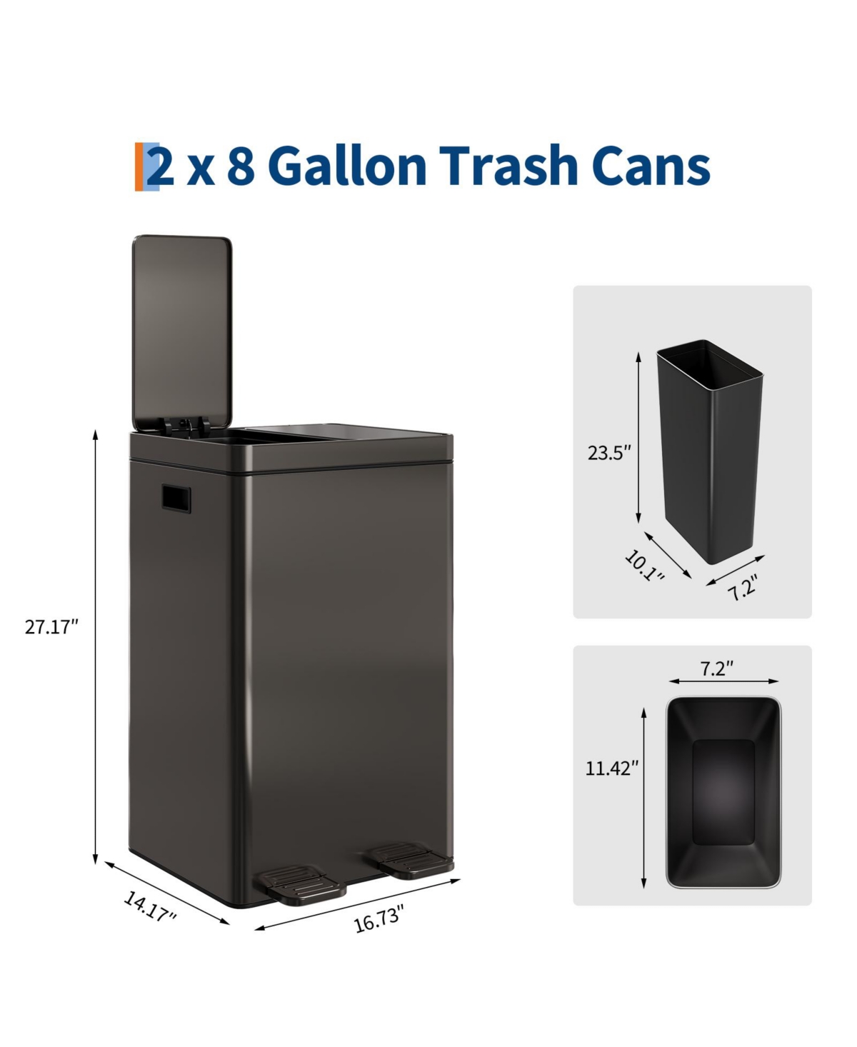 gaomon2×8-gallon double-bin stainless steel trash can set with a foot pedal and soft-close lid, suitable for kitchens, living rooms, bedrooms