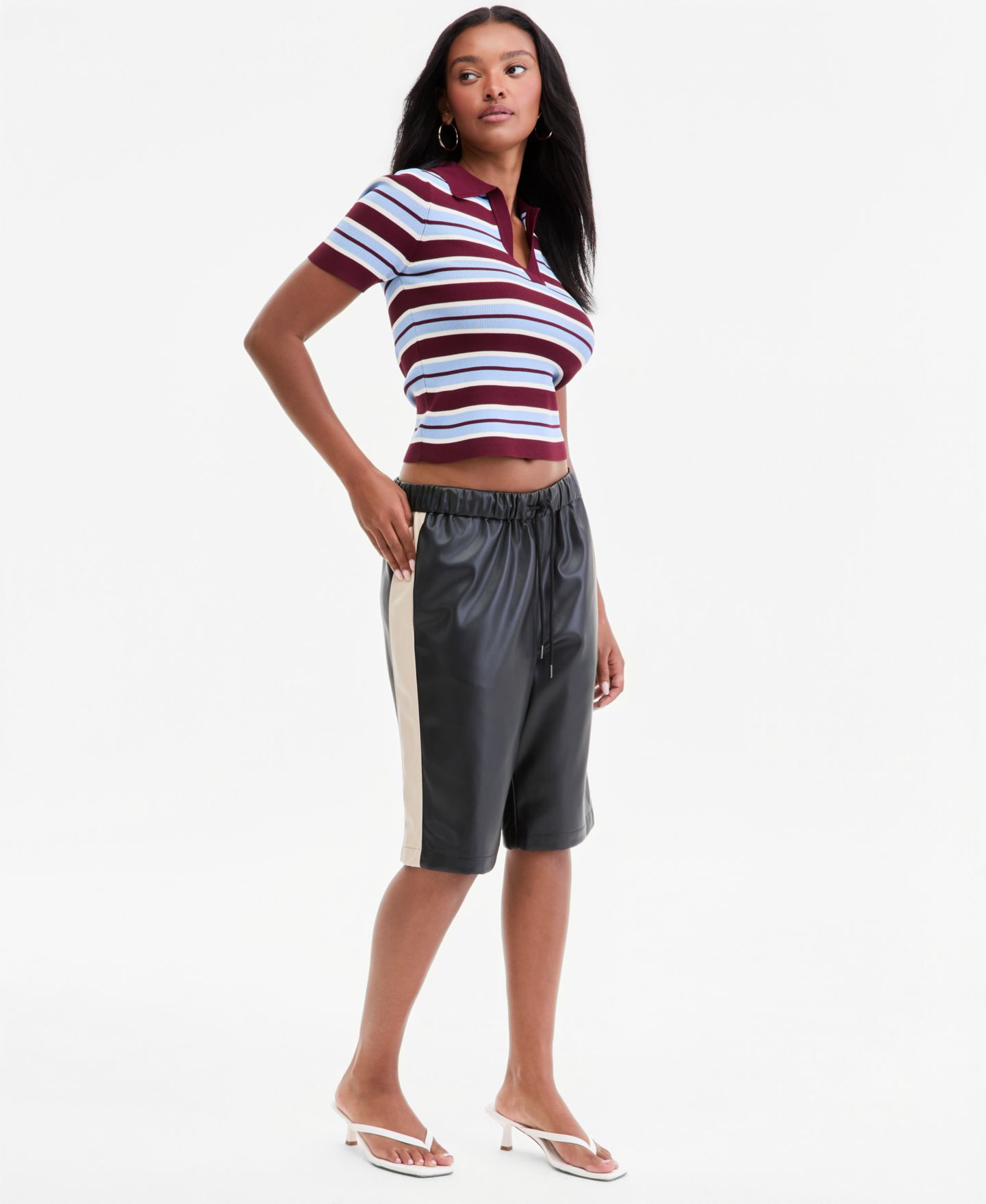 Женские шорты Bar III Faux-Leather Side-Stripe Bermuda, цвет: Чёрная слоновая кость — фото 2
