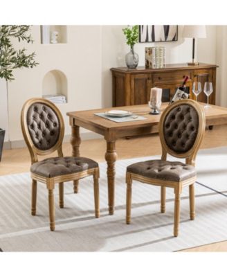 French Style Solid Wood Frame Antique Painting, Hand-pulled buckle decoration PU artificial leather Dining Chair,Set of 2