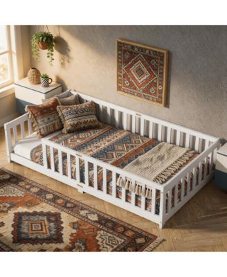 Twin Floor Bed with Fence,Solid Rubber Wood Kids Bed Frame