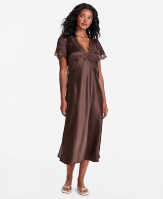 Petite V-Neck Lace-Trim Midi Satin Slip Dress