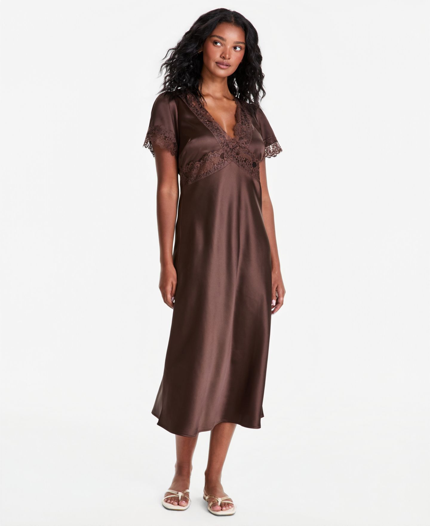 Женское платье And Now This Petite V-Neck Lace-Trim Midi Satin Slip, цвет: Тёплый сиена — фото 1