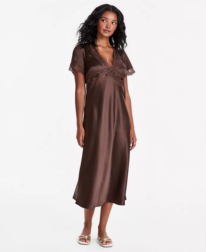 Petite V-Neck Lace-Trim Midi Satin Slip Dress