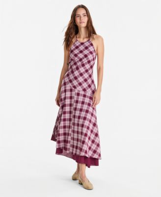 Women's Cotton Plaid Cami-Strap Asymmetric Dress