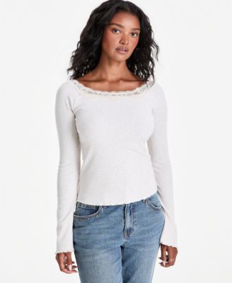 Petite Lace Trim Scoop Ribbed T-Shirt