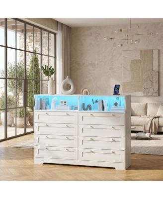 55.1" 8-Drawer Engineered Wood Dresser with LED Lights, Power Outlet, Shelves and Curved Edge Design for Bedroom