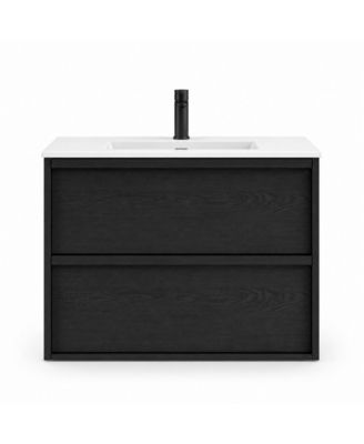 30 Inch Bathroom Vanity Cabinet With Ceramic Sink Modern  Wall Mounted Floating Fluted Vanity With Drawers