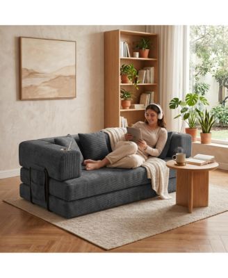 5-in-1 Convertible Sofa Bed, Corduroy Floor Sofa with 4 Pillows, 2 Cup Holders and Deep Seat Cushion for Small Spaces