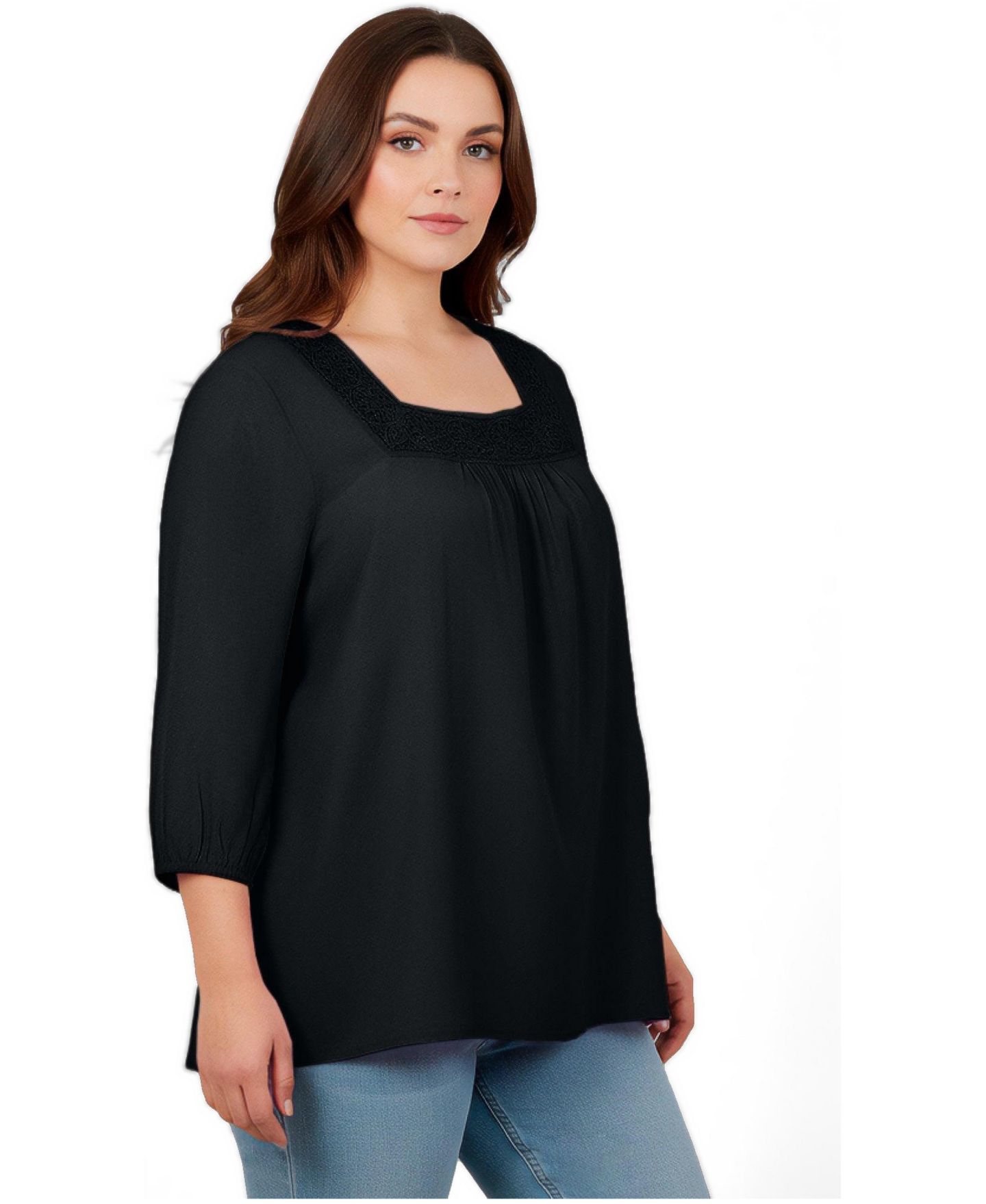 Женская блузка Avenue Lace Neckline Peasant, цвет: Чёрный — фото 3