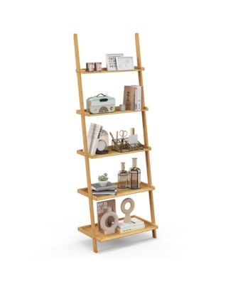 5-Tier Bamboo Ladder Shelf Wall-Leaning Bookshelf Display Bookcase Storage Rack