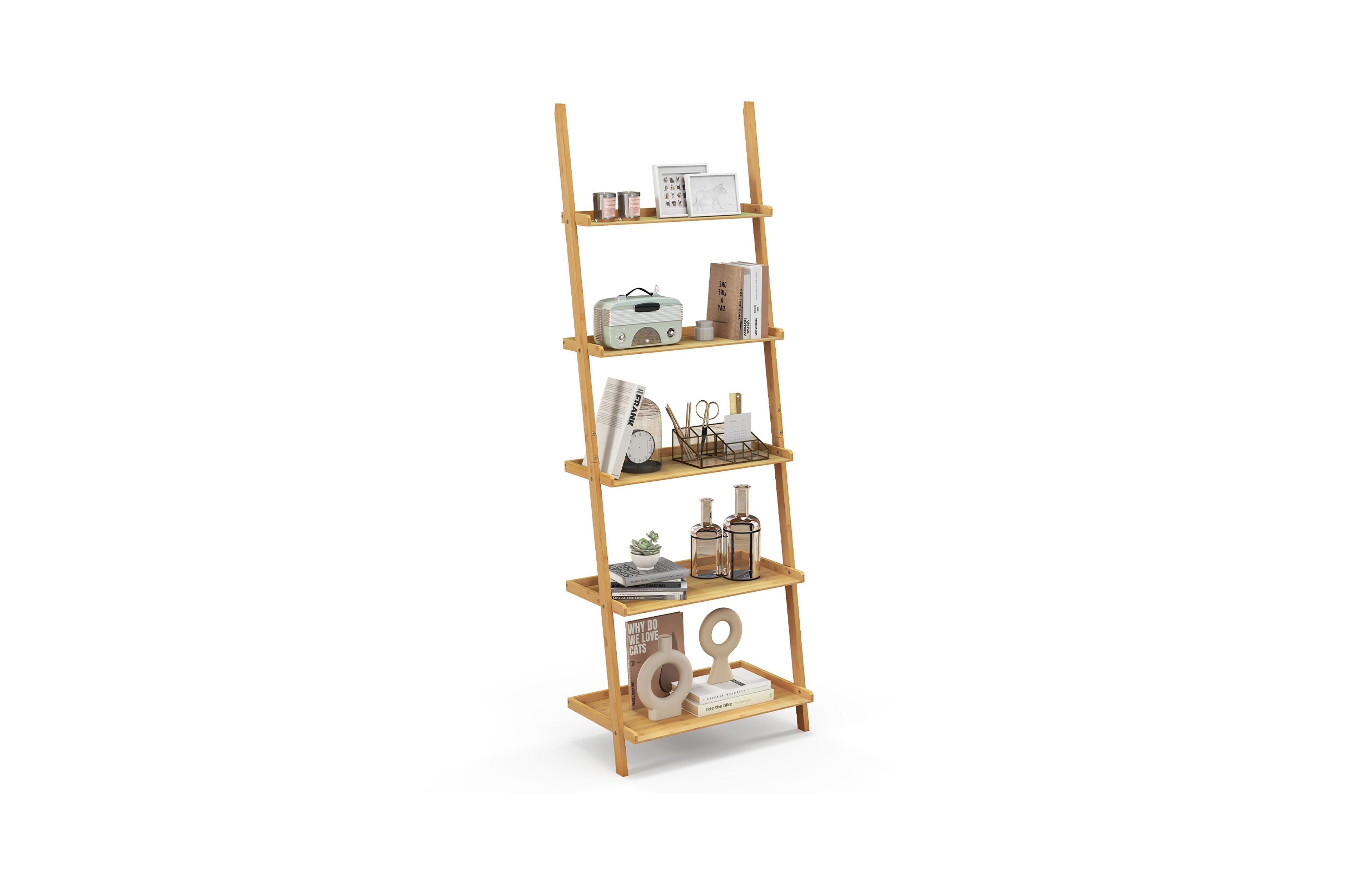 Gymax 5-Tier Bamboo Ladder Shelf Wall-Leaning Bookshelf Display Bookcase Storage Rack